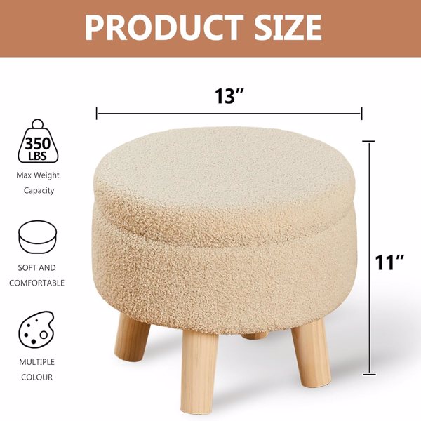 Storage Ottoman, Modern Round Footrest with Soft Padded Seat, Teddy Velvet Footstool with Wood Legs, Accent Small Table or Plant Stand for Hallway, Living Room (Off-White)