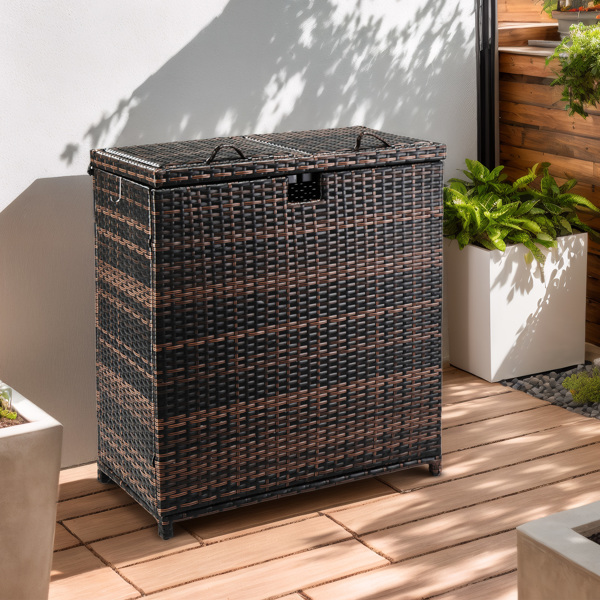 Outdoor Large Wicker Trash Bins, 72 Gallon Hideaway Rattan Trash Cans with Dual Lids for Porch Backyard Deck Patio Poolside, Brown