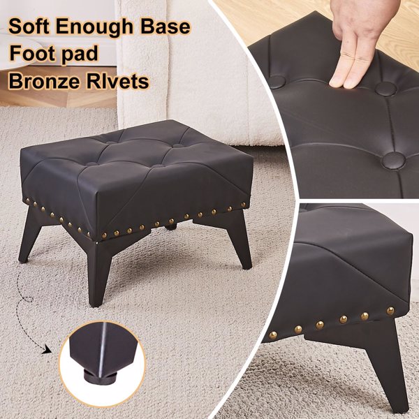 Small Footstool Ottoman, Leather Riveted Soft Footrest Ottoman with Iron Legs, Sofa Footrest Extra Seating for Living Room Entryway Bedroom Black