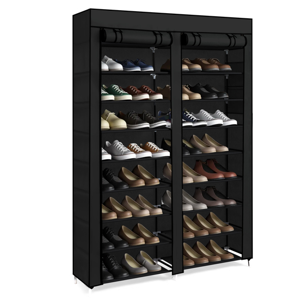 FCH Double Row 10-Tier Non-Woven Fabric Shoe Cabinet with Iron Pipes and Plastic Components, Black