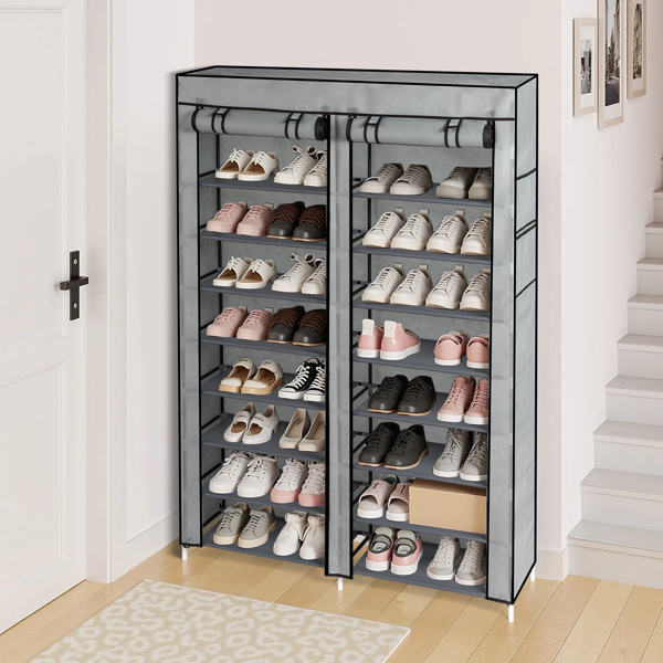 FCH Double Row 10-Tier Non-Woven Fabric Shoe Cabinet with Iron Pipes and Plastic Components, Gray