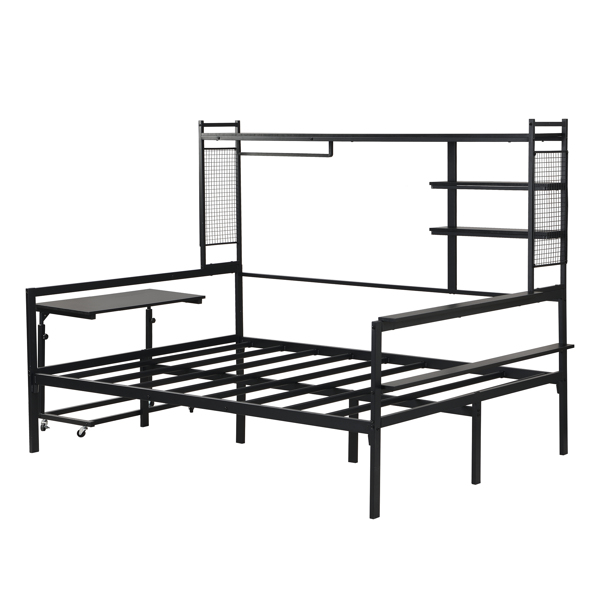 Full size Metal Daybed with Movable Desk, Metal Grid, Shelves and Clothes Hanger, Black