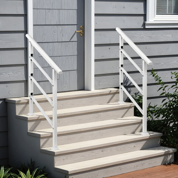 Handrails for Outdoor Steps, Wrought Iron Handrail Fits 1 or 3 Steps, Transitional Handrail with Installation Kit, White