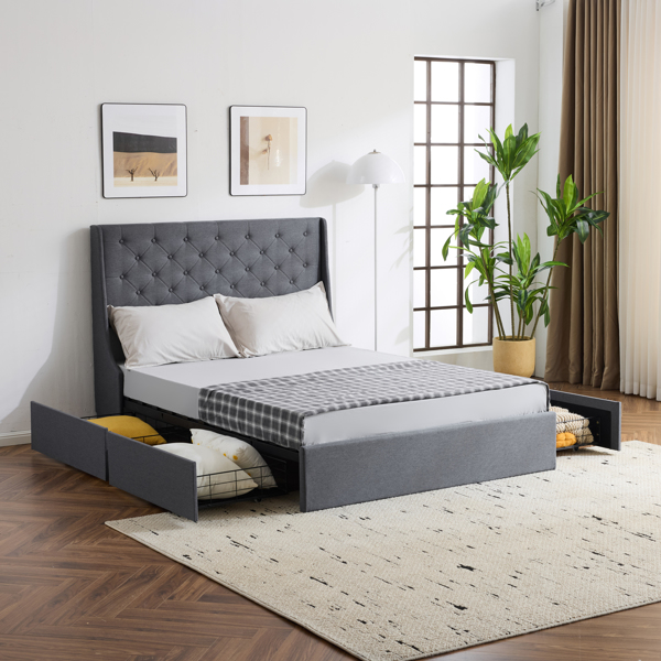 Upholstered Full Platform Storage Bed Frame with 4 Drawers, Wingback Headboard with Button Tufted Design, Wooden Slat Support, No Box Spring Needed, Dark Grey