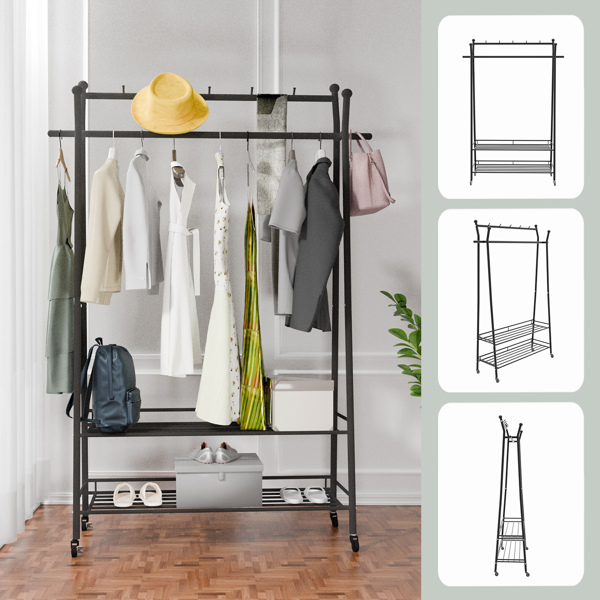 1pc, Double layer  Garment Rack with Wheels, Freestanding Clothing Rack for Hanging Clothes,Multi-functional Bedroom Clothes Rack