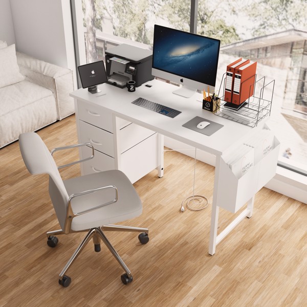 47.3"office desk with power outlet,3 drawers,Side Pocket, Study Desk Easy to Assemble,Frame stability Reversible for home desk, company computer desk, game table,Vanity table, white