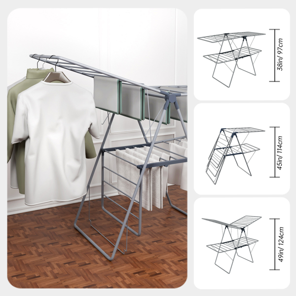 1pc, Clothes Drying Rack Foldable, Foldable Laundry Drying Rack, Free-Standing Large Drying Rack, with Height-Adjustable Wings, for Indoor Outdoor, Grey