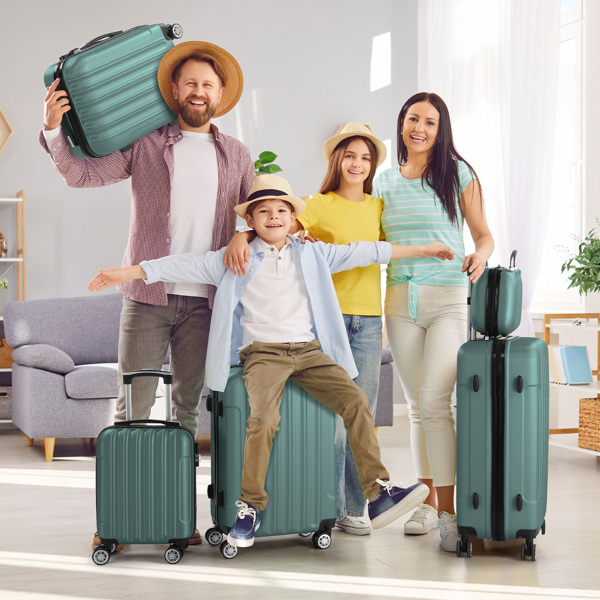 Product Name: FCH Vertical Stripe Five-Piece Set ABS Luggage 16in, 20in, 24in, 28in + 12in Handbag with ABS Material and Steel Telescopic Handle in Trendy Turquoise