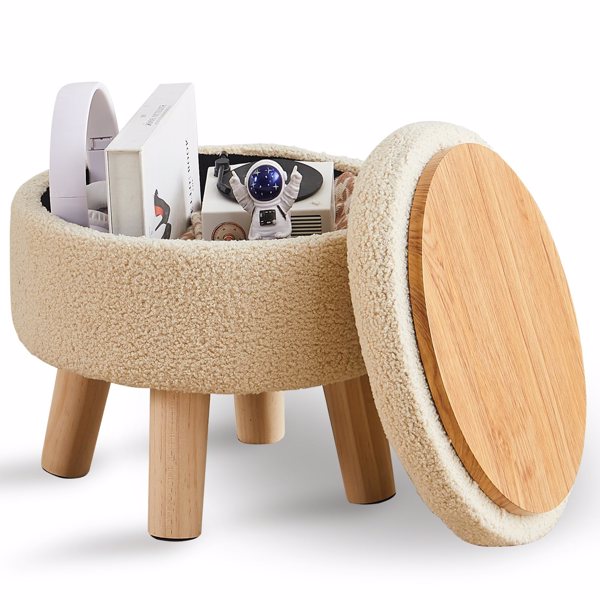 Storage Ottoman, Modern Round Footrest with Soft Padded Seat, Teddy Velvet Footstool with Wood Legs, Accent Small Table or Plant Stand for Hallway, Living Room (Off-White)