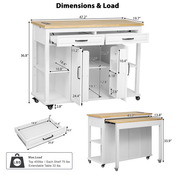 47 inch Kitchen Island with Extendable Dining Table, Rubber Wood Veneer Kitchen Table with Internal Storage Rack, Power Outlet, Kitchen island with Storage 2 Drawers 2 Cabinet,White