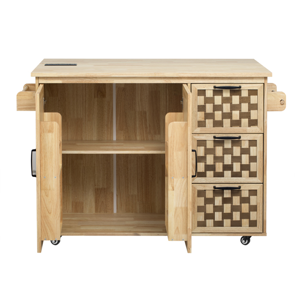 53.2"W 3D Woven Checkerboard Pattern Design Kitchen Island with Drop Leaf, Rolling Kitchen Island on Wheels with Internal Storage Rack, Power Outlet, Kitchen Cart with 3 Drawers 2 Cabinets, Nature