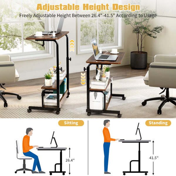 FCH Vintage Brown P2 15MM Particle Board with Melamine Coating Adjustable Computer Desk with 3 USB + 2 AC Outlets