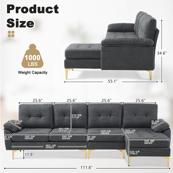 L-Shaped Sectional Sofa Couch for Living Room, Modern 4-Seater Tufted Linen Lounge Sleeper with Chaise, Dark Grey