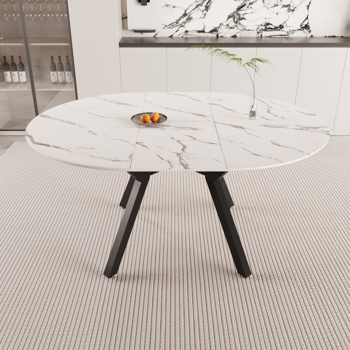 47-63 \\" extendable white circular dining table, 4-6 person kitchen dining table, modern coffee table with MDF tabletop and metal legs, suitable for kitchen&home 