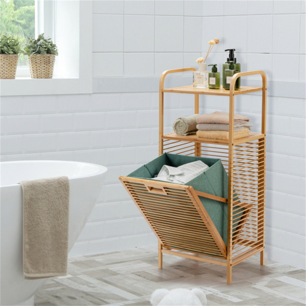 Bamboo Bathroom Shelf with Tilt-out Laundry Hamper