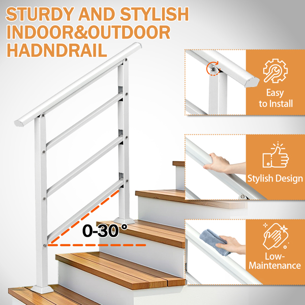 Handrails for Outdoor Steps, Wrought Iron Handrail Fits 1 or 3 Steps, Transitional Handrail with Installation Kit, White