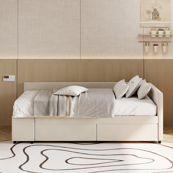 Twin size L-Shaped Upholstered Platform Bed with Storage and Drawers, Beige