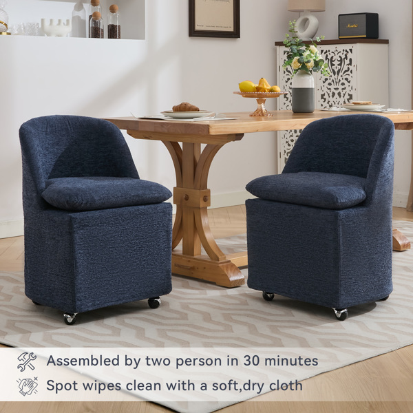 058-Set of 2 Chenille Fabric Dining Chairs With Universal Wheels,Blue