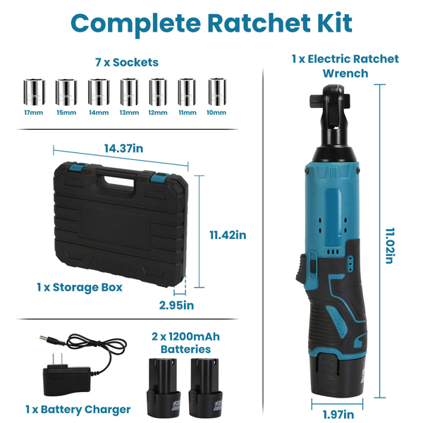  3/8” Cordless Electric Ratchet Wrench Set Right Angle Wrench with 2Pcs 1200mAh Batteries and Charger 7 Sockets 400RPM