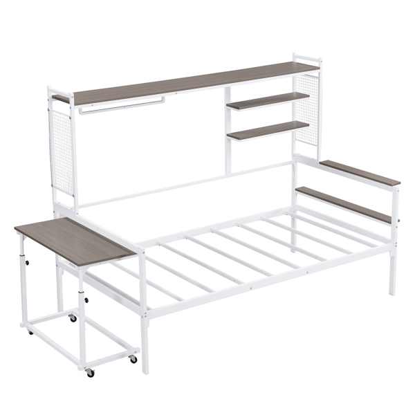 Twin size Metal Daybed with Movable Desk, Metal Grid, Shelves and Clothes Hanger, White