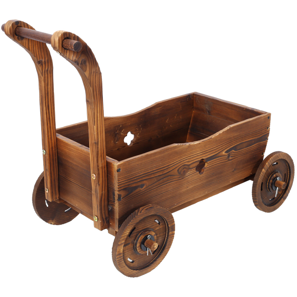 Wooden Wagon Planter Box, Mobile Garden Planter with 4 Wheels, Handle, Drain Hole, Decorative Flower Planter for Indoor & Outdoor Decor, Wooden Flower Cart for Patio, Garden, Balcony, Brown