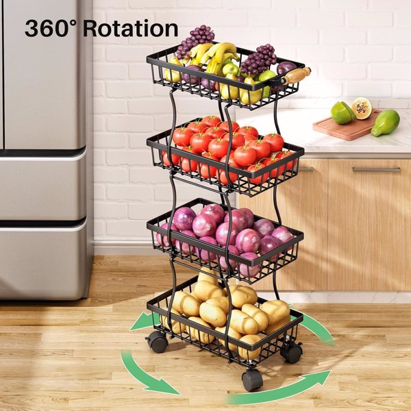 Kitchen with 4 layers of slender fruit baskets, stackable metal wire fruit and vegetable storage baskets with wheeled storage racks, metal agricultural product baskets, black