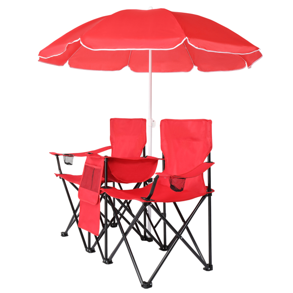 Portable Outdoor 2-Seat Folding Chair with Removable Sun Umbrella Red