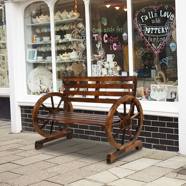 【Replace 28138436】Rustic 2-Person Wooden Wagon Wheel Bench with Slatted Seat and Backrest, Brown