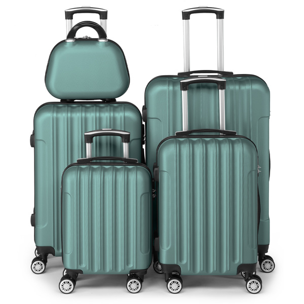 Product Name: FCH Vertical Stripe Five-Piece Set ABS Luggage 16in, 20in, 24in, 28in + 12in Handbag with ABS Material and Steel Telescopic Handle in Trendy Turquoise