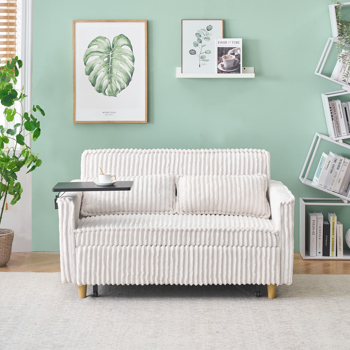 The pull-out and push-in beige corduroy sofa with dual functions, equipped with a movable tabletop and USB ports, is suitable for use in living rooms and bedrooms.