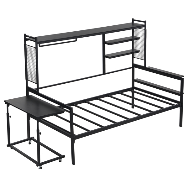 Twin size Metal Daybed with Movable Desk, Metal Grid, Shelves and Clothes Hanger, Black