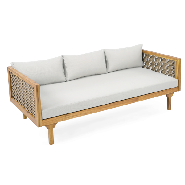 3 SEATER DAYBED WITH RATTAN ARMS (LIGHT GREY CUSHION)