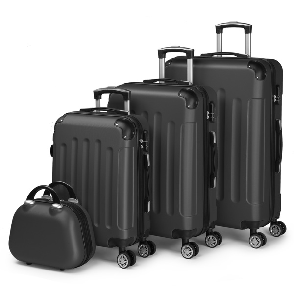 FCH Corner-Protected Four-Piece Set ABS Luggage 20in, 24in, 28in + 12in Handbag with ABS Material and Steel Telescopic Handle in Classic Black