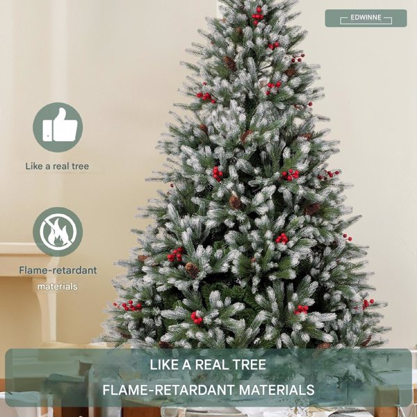 5FT Artificial Christmas Tree, Fiber Christmas Trees Pine Trees with 480 Branch Tips, Berries&Pine Cones Decor, Foldable Metal Base for Home, Office, Party Decorations