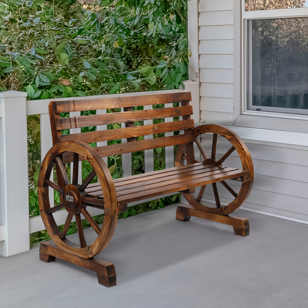 【Replace 28138436】Rustic 2-Person Wooden Wagon Wheel Bench with Slatted Seat and Backrest, Brown