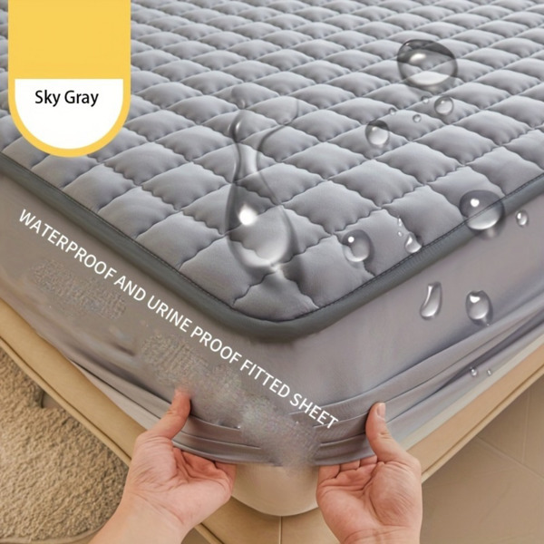 (Cream white 150cm*200cm) Cotton-Padded Waterproof Mattress Protector, Dust-Proof Bed Cover (Without Pillow and Core). Soft, Comfortable Solid Color Bedding Sheet for Bedroom, Guest Room. (Maybe YunEx
