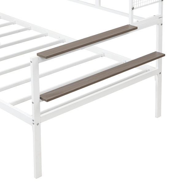 Twin size Metal Daybed with Movable Desk, Metal Grid, Shelves and Clothes Hanger, White