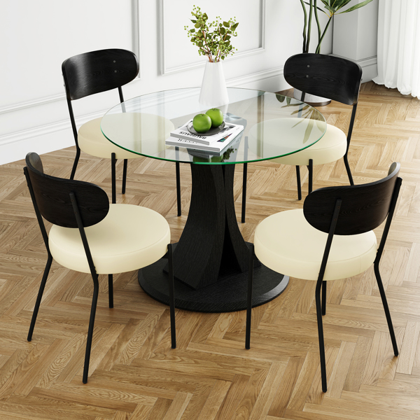 Modern simple table with a glass round table and four chairs. Transparent tempered glass countertop, black wood grain spray legs, suitable for kitchen living room dining room (set of 5)