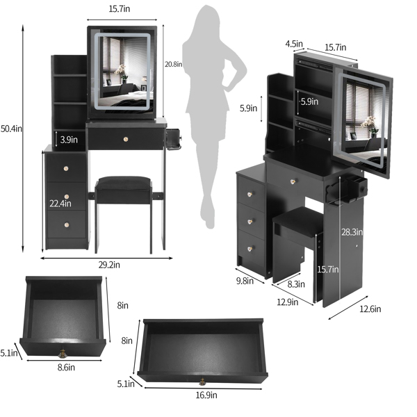 Small Size Left Bedside Cabinet Vanity Table + Cushioned Stool, 2 AC+2 USB Power Station, Hair dryer bracket, Extra Large Touch Control Sliding LED Mirror, Tri-color Switching, EPA,GCC,UL Certificate