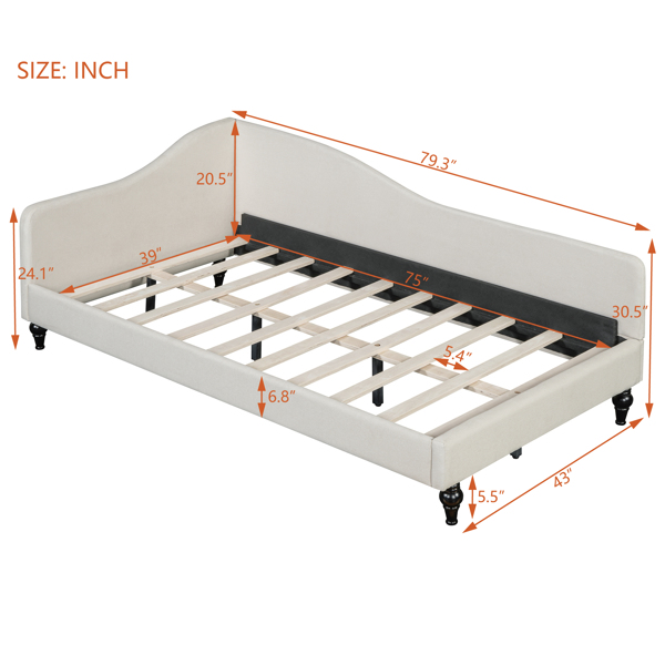 Twin Size L-Shaped Linen Daybed, with Solid Wood Legs, Beige