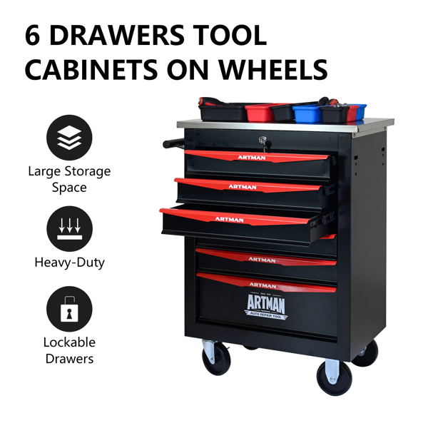 6 Drawers Multifunctional Tool Cart with Wheels,Metal Rolling Tool Cart Storage for Garage Workshop Warehouse Repair Shop--With Stainless Steel Roof- BLACK&RED