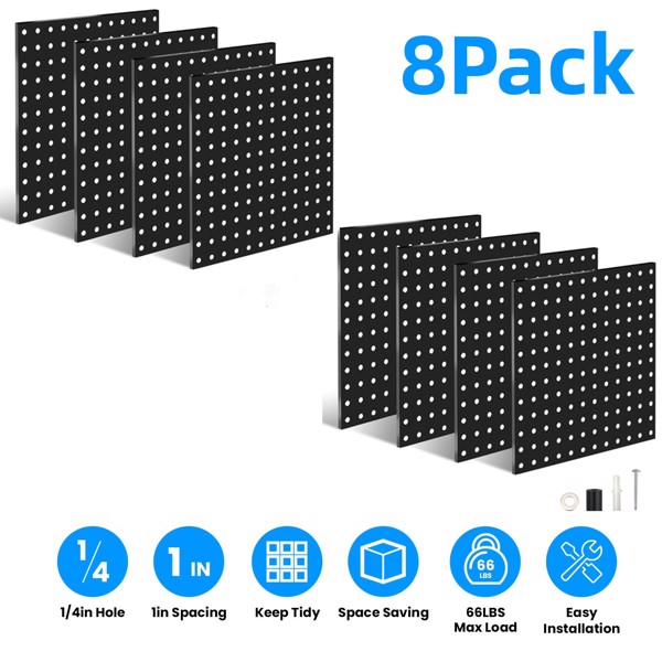 Metal Pegboard Panels for Wall Garage Utility Tools Pegboard Storage System for Workbench, Shop, Modular Peg Board Organizer Board Kit(Pack of 8, Black)