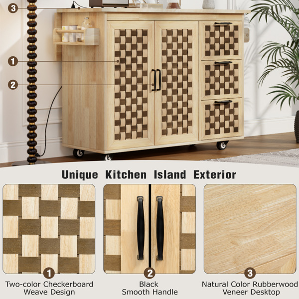 53.2"W 3D Woven Checkerboard Pattern Design Kitchen Island with Drop Leaf, Rolling Kitchen Island on Wheels with Internal Storage Rack, Power Outlet, Kitchen Cart with 3 Drawers 2 Cabinets, Nature