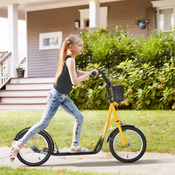 Youth Scooter with Adjustable Handlebars and plastic basket  16" Inflatable Rubber Tires  -Orange