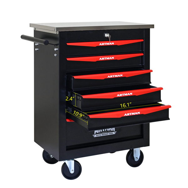 6 Drawers Multifunctional Tool Cart with Wheels,Metal Rolling Tool Cart Storage for Garage Workshop Warehouse Repair Shop--With Stainless Steel Roof- BLACK&RED