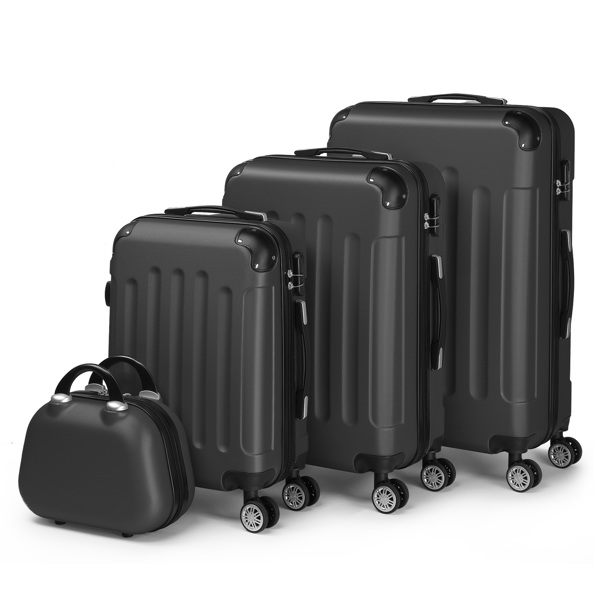 FCH Corner-Protected Four-Piece Set ABS Luggage 20in, 24in, 28in + 12in Handbag with ABS Material and Steel Telescopic Handle in Classic Black