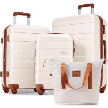 Luggage Sets 4 Piece, Expandable ABS Durable Suitcase with Travel Bag, Carry On Luggage Suitcase Set with 360° Spinner Wheels, ivory and brown