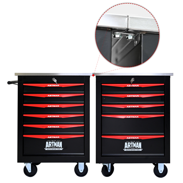 6 Drawers Multifunctional Tool Cart with Wheels,Metal Rolling Tool Cart Storage for Garage Workshop Warehouse Repair Shop--With Stainless Steel Roof- BLACK&RED