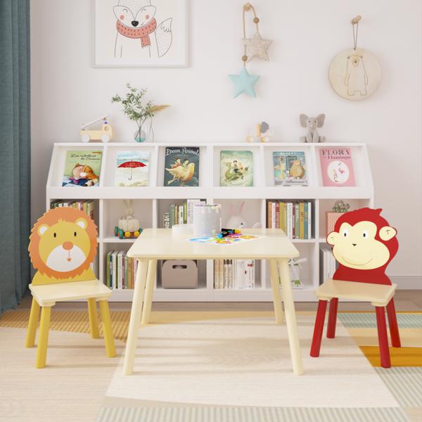 Kids Table and 2 Chairs Set, 3 Pieces Toddler Table and Chair Set, Wooden Activity Play Table Set (Lion&Monkey)