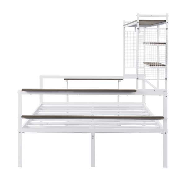 Full size Metal Daybed with Movable Desk, Metal Grid, Shelves and Clothes Hanger, White